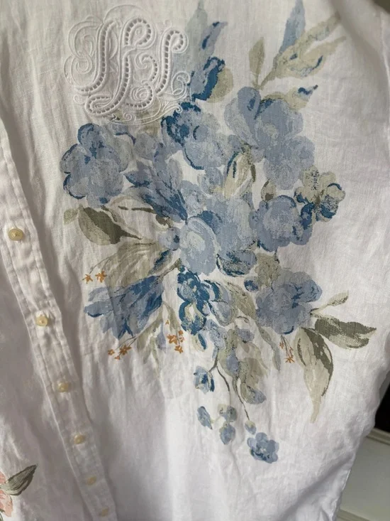 Ralph Lauren Button-Down Shirt or Swim Cover-Up Blue Pink Floral - Picture 5 of 9